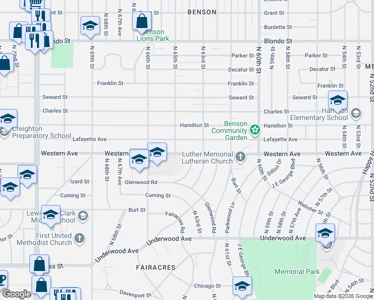map of restaurants, bars, coffee shops, grocery stores, and more near 6330 Western Avenue in Omaha