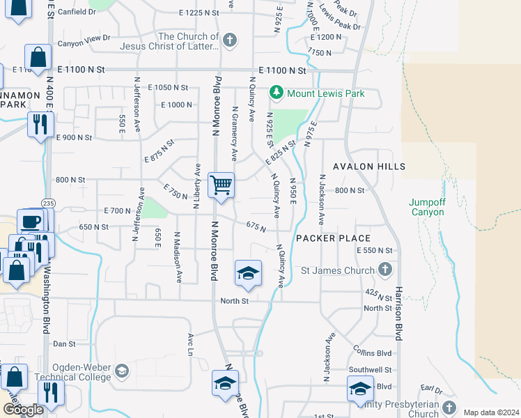 map of restaurants, bars, coffee shops, grocery stores, and more near 854 East 725 North in Ogden