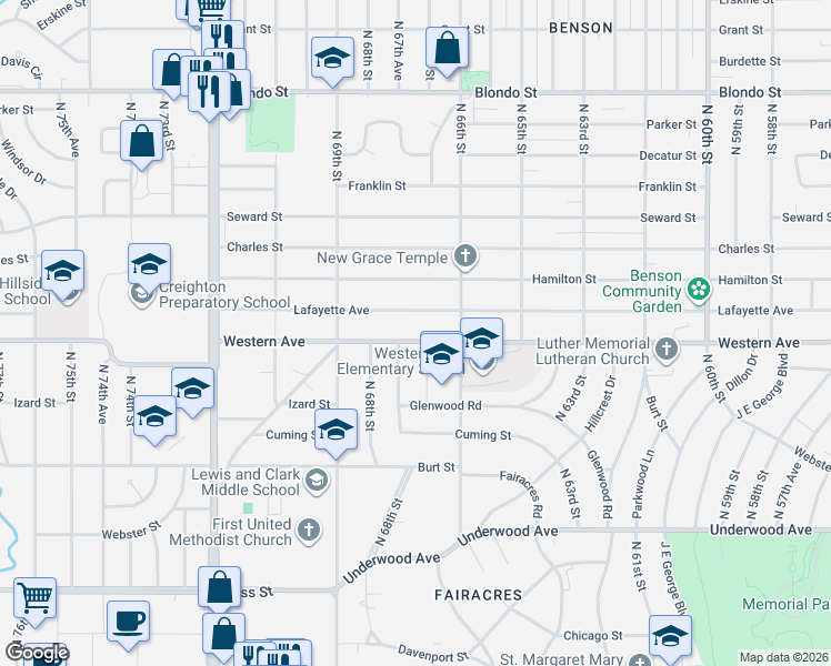 map of restaurants, bars, coffee shops, grocery stores, and more near 6646 Western Avenue in Omaha