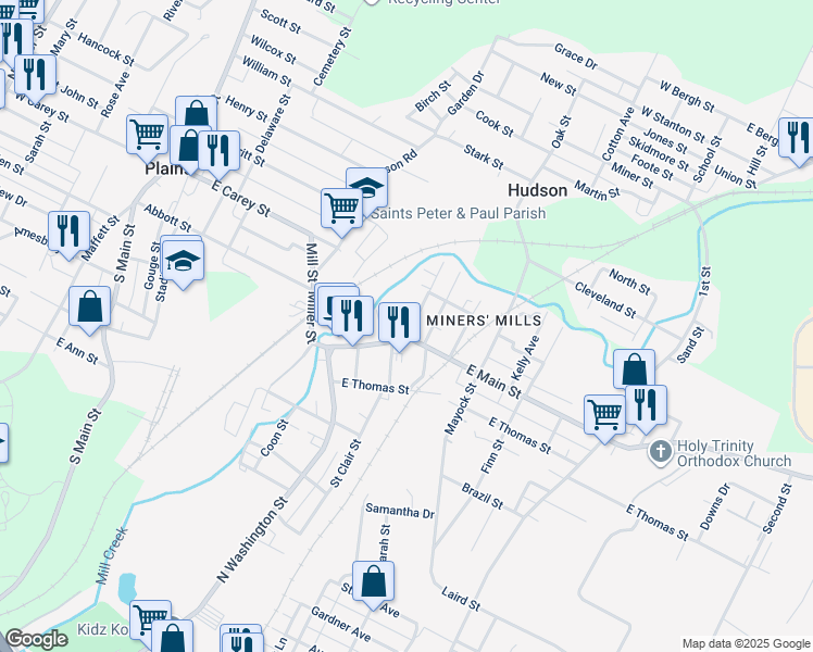 map of restaurants, bars, coffee shops, grocery stores, and more near 12 Dillon Street in Wilkes-Barre