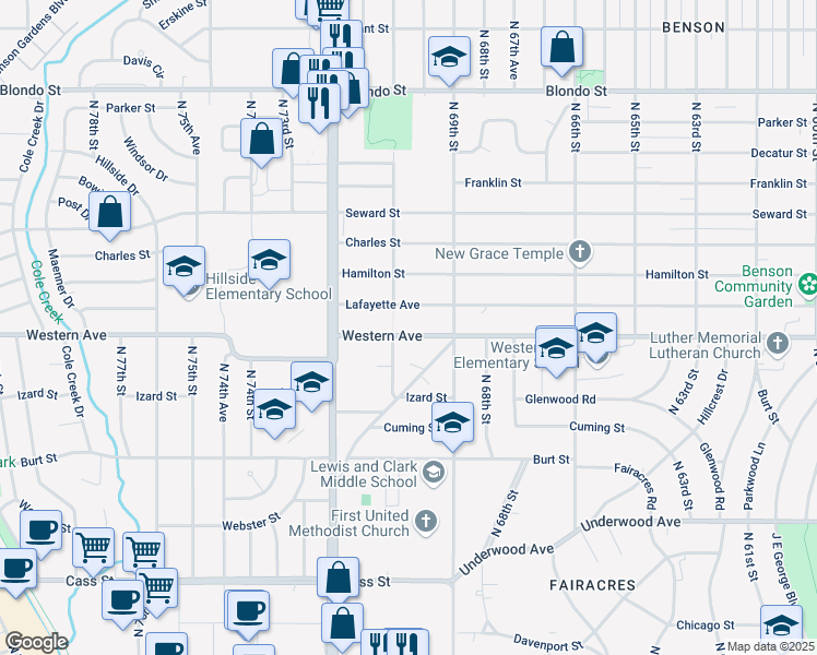 map of restaurants, bars, coffee shops, grocery stores, and more near 6938 Western Avenue in Omaha