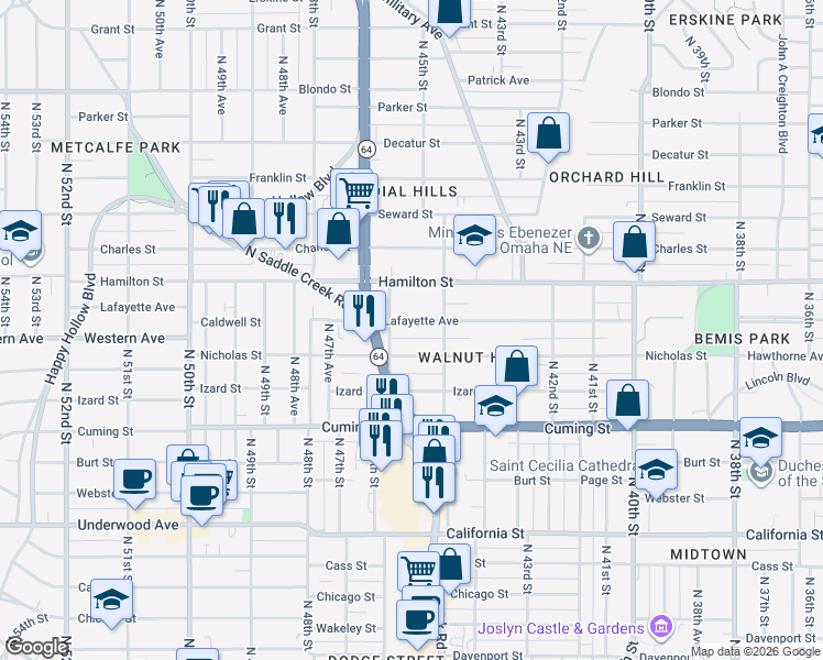 map of restaurants, bars, coffee shops, grocery stores, and more near 4519 Lafayette Avenue in Omaha