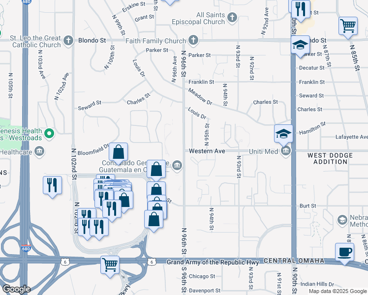 map of restaurants, bars, coffee shops, grocery stores, and more near 1212 North 96th Street in Omaha