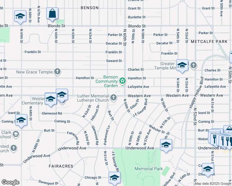 map of restaurants, bars, coffee shops, grocery stores, and more near 6017 Lafayette Court in Omaha