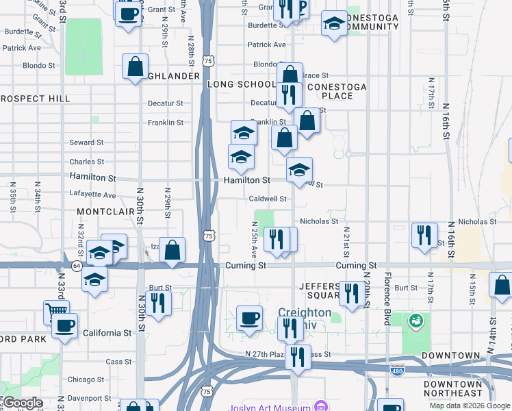 map of restaurants, bars, coffee shops, grocery stores, and more near 2517 Caldwell Street in Omaha