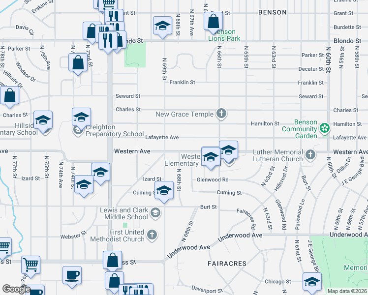 map of restaurants, bars, coffee shops, grocery stores, and more near 1207 Mayfield Avenue in Omaha