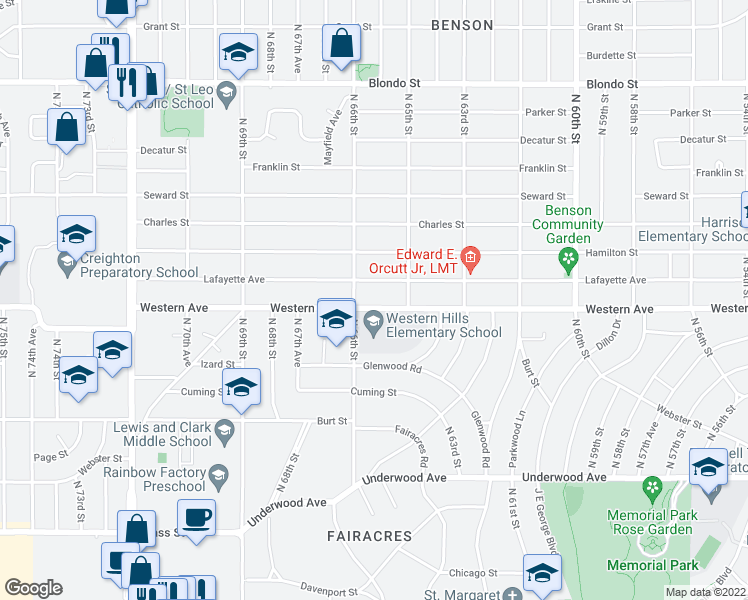 map of restaurants, bars, coffee shops, grocery stores, and more near 6542 Western Avenue in Omaha