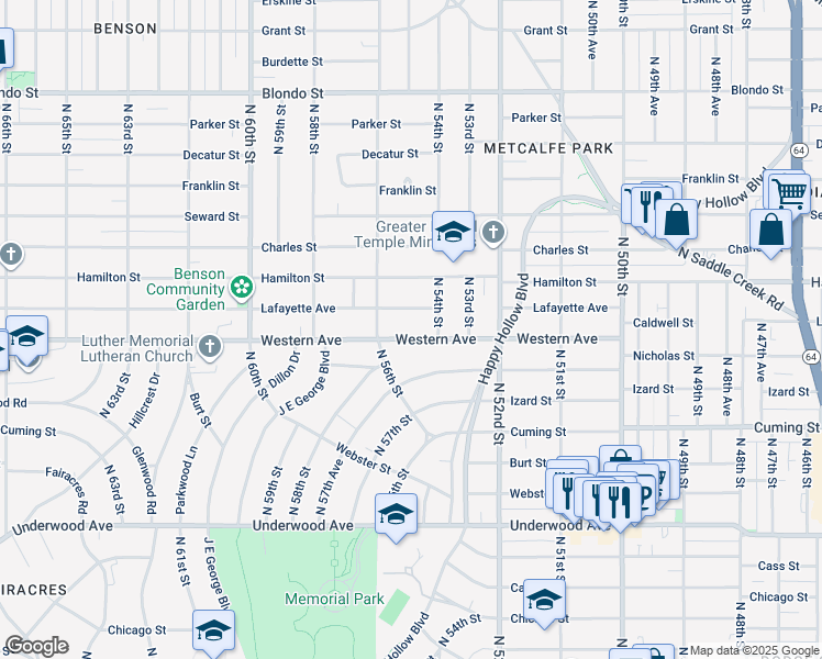 map of restaurants, bars, coffee shops, grocery stores, and more near 5422 Western Avenue in Omaha