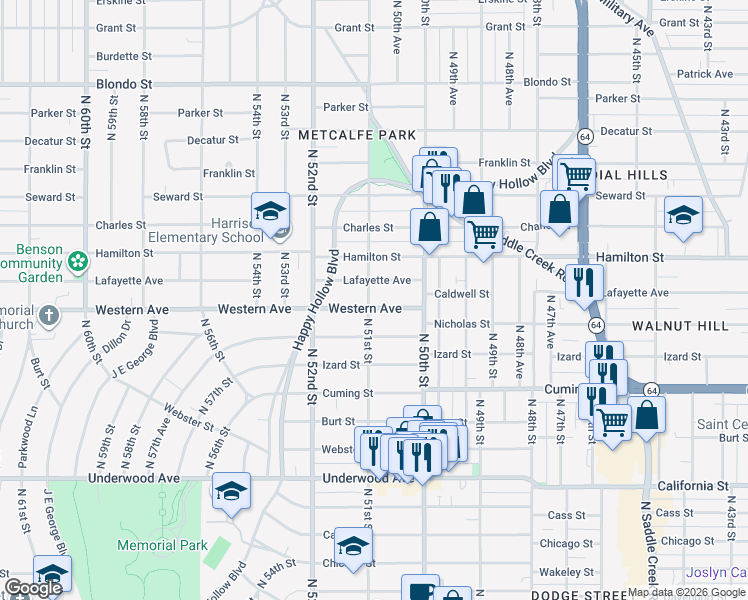 map of restaurants, bars, coffee shops, grocery stores, and more near 1201 North 51st Street in Omaha