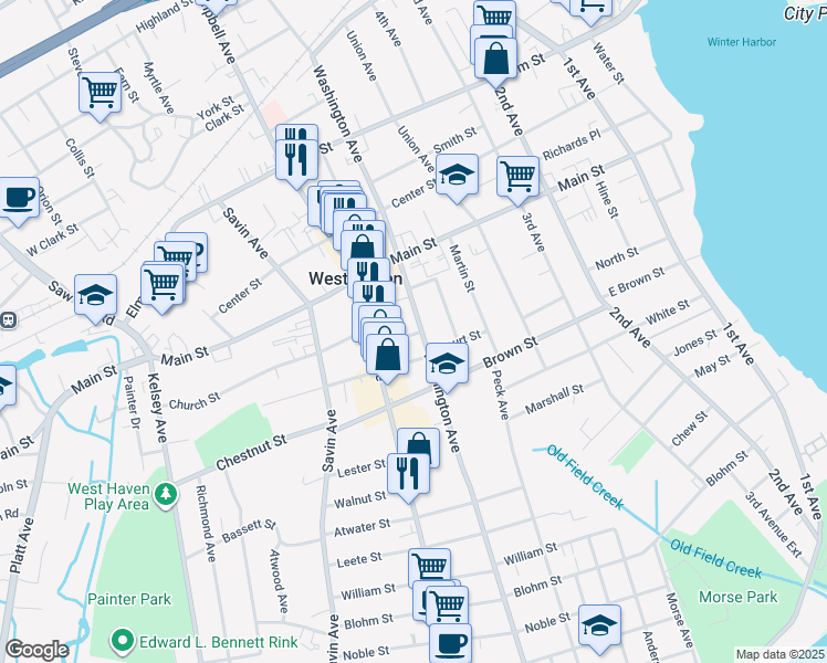 map of restaurants, bars, coffee shops, grocery stores, and more near 446 Washington Avenue in West Haven