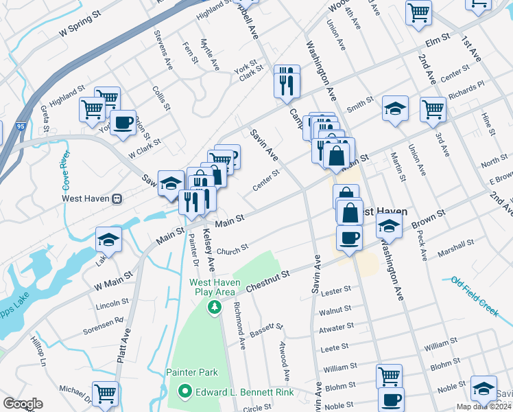map of restaurants, bars, coffee shops, grocery stores, and more near 449 Main Street in West Haven
