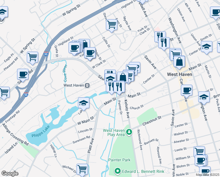 map of restaurants, bars, coffee shops, grocery stores, and more near 52 Saw Mill Road in West Haven