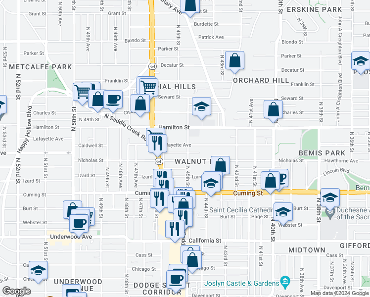 map of restaurants, bars, coffee shops, grocery stores, and more near 4501 Lafayette Avenue in Omaha