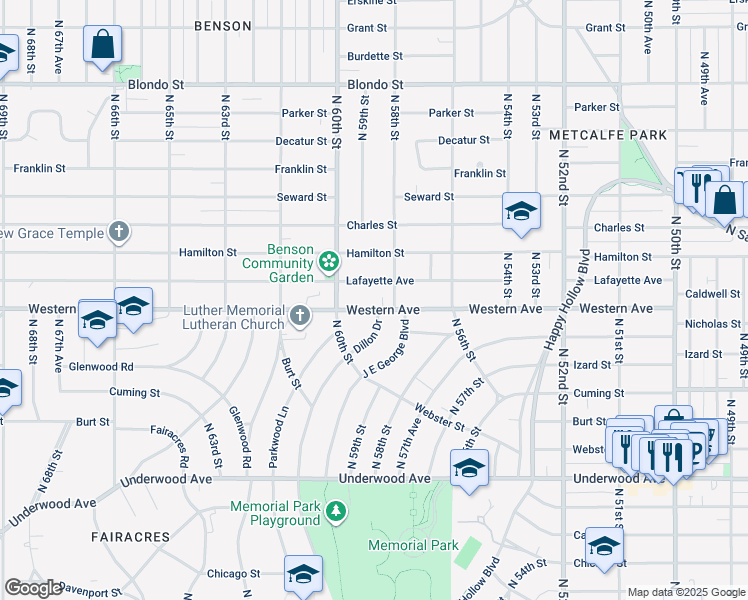 map of restaurants, bars, coffee shops, grocery stores, and more near 5809 Lafayette Avenue in Omaha