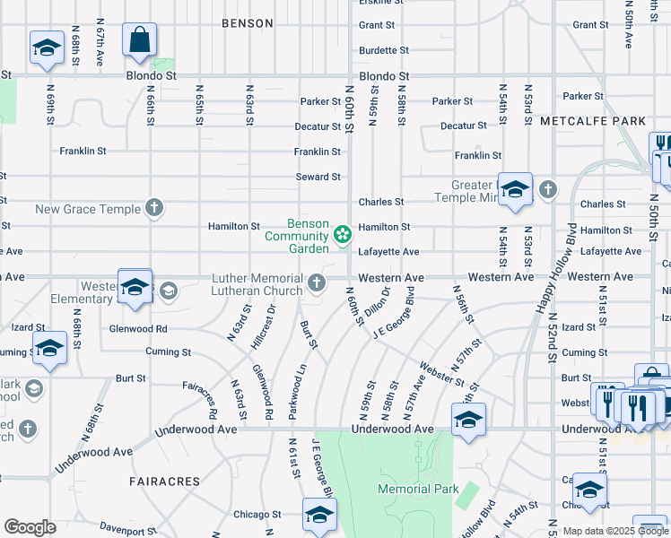 map of restaurants, bars, coffee shops, grocery stores, and more near 6017 Lafayette Court in Omaha