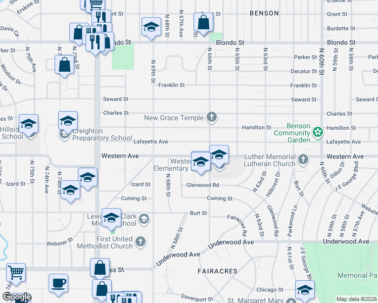 map of restaurants, bars, coffee shops, grocery stores, and more near 6646 Western Avenue in Omaha