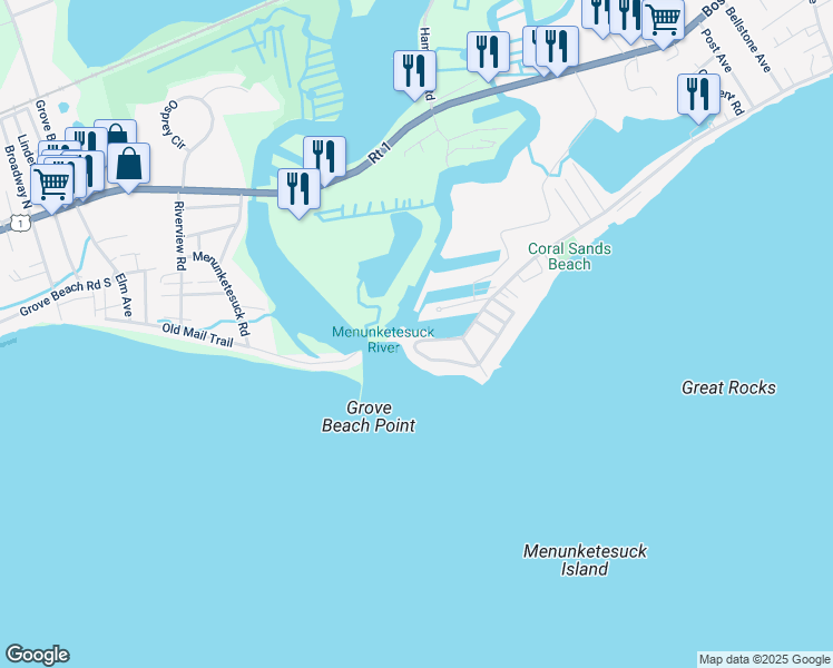 map of restaurants, bars, coffee shops, grocery stores, and more near 54 Captains Drive in Westbrook