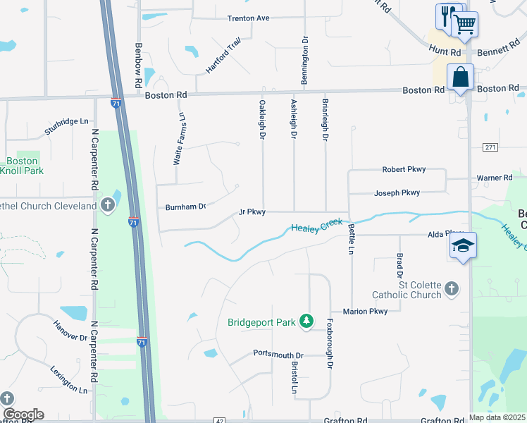 map of restaurants, bars, coffee shops, grocery stores, and more near 219 Oakleigh Drive in Brunswick