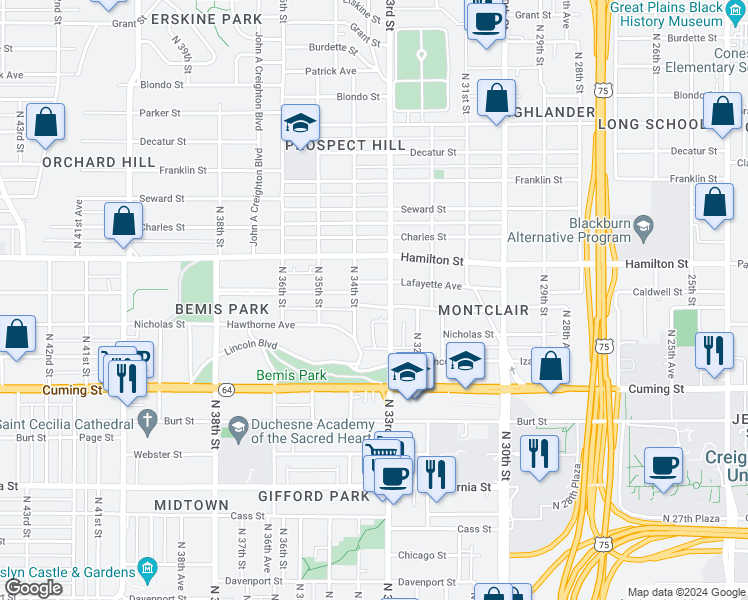 map of restaurants, bars, coffee shops, grocery stores, and more near 3316 Myrtle Avenue in Omaha