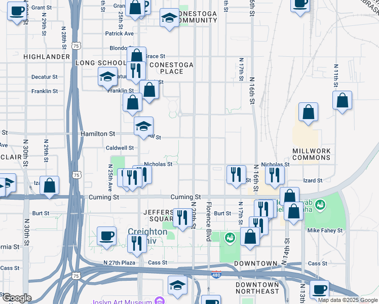 map of restaurants, bars, coffee shops, grocery stores, and more near 1120 North 20th Street in Omaha