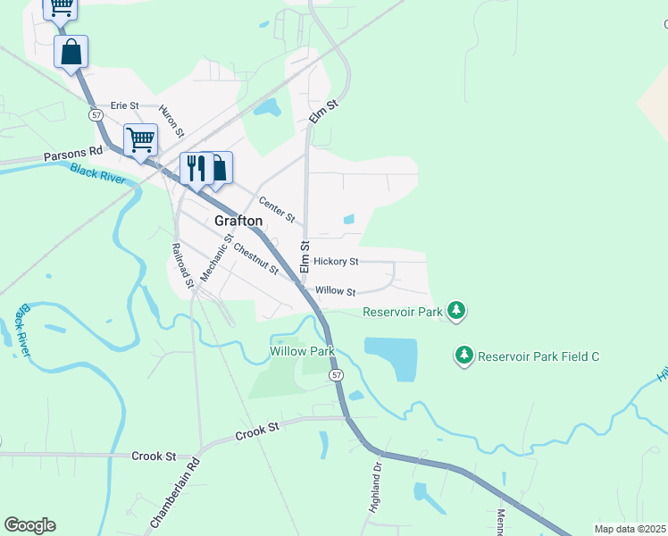 map of restaurants, bars, coffee shops, grocery stores, and more near 1121 Hickory St in Grafton