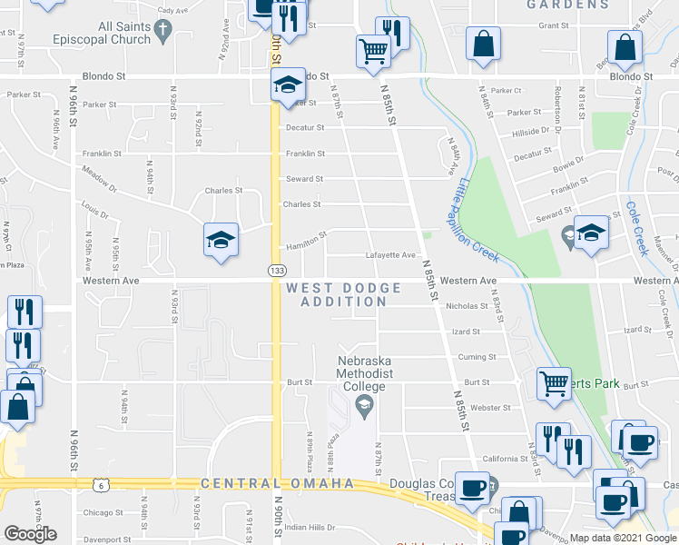 map of restaurants, bars, coffee shops, grocery stores, and more near 8816 Western Avenue in Omaha