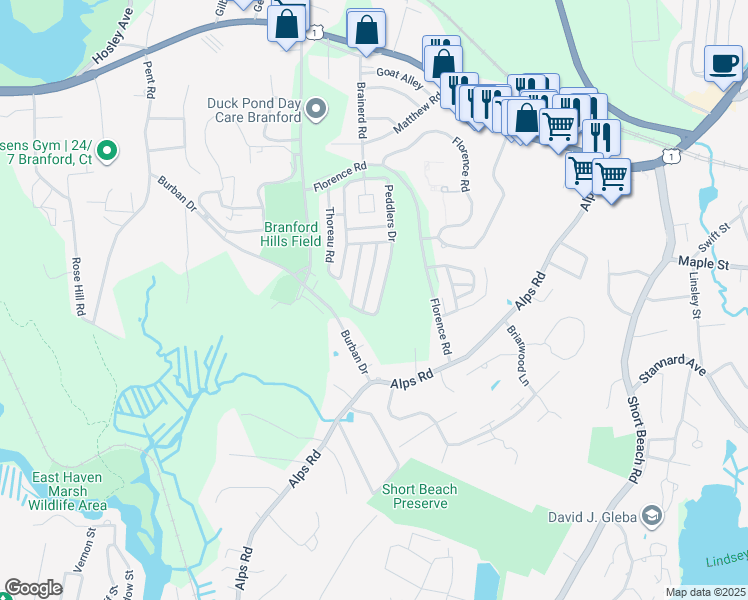 map of restaurants, bars, coffee shops, grocery stores, and more near 726 Robert Frost Drive in Branford