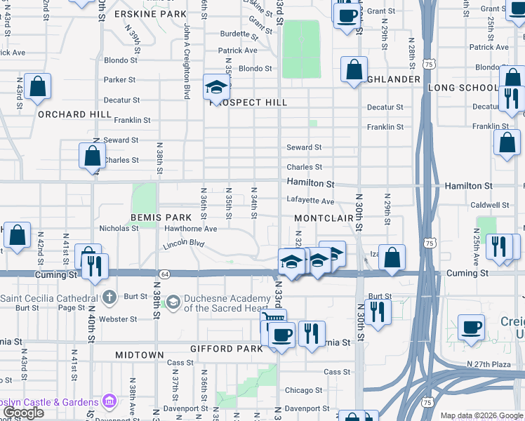 map of restaurants, bars, coffee shops, grocery stores, and more near 3320 Myrtle Avenue in Omaha