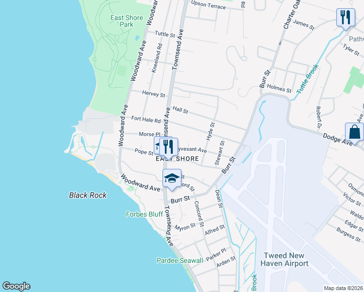 map of restaurants, bars, coffee shops, grocery stores, and more near 38 Stuyvesant Avenue in New Haven