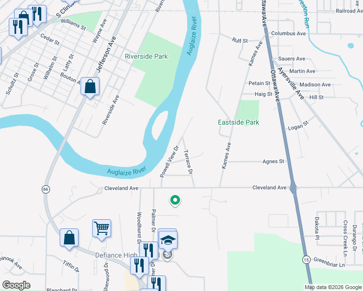 map of restaurants, bars, coffee shops, grocery stores, and more near 1205 Powell View Drive in Defiance