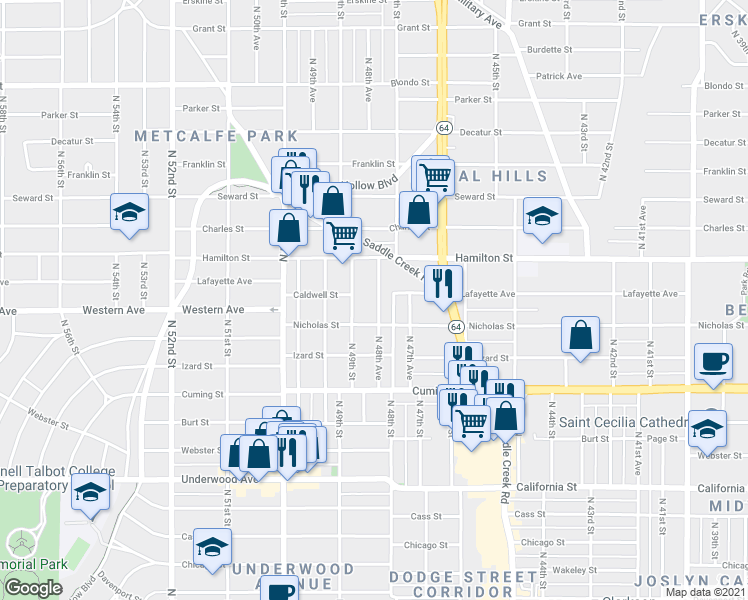 map of restaurants, bars, coffee shops, grocery stores, and more near 1112 North 48th Avenue in Omaha