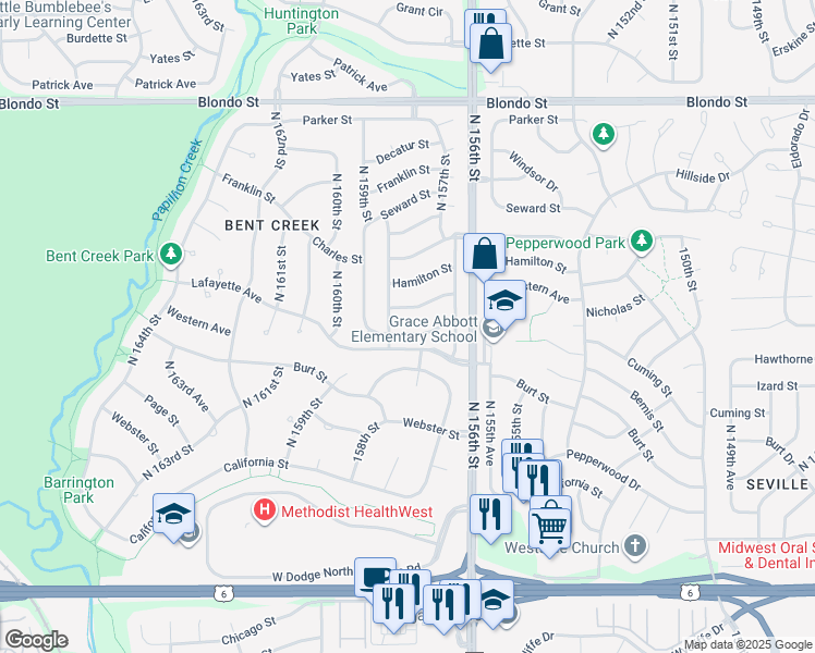 map of restaurants, bars, coffee shops, grocery stores, and more near 15718 Western Avenue in Omaha
