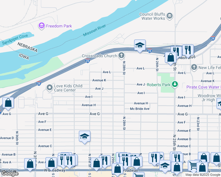 map of restaurants, bars, coffee shops, grocery stores, and more near 2920 Avenue J in Council Bluffs