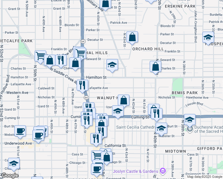 map of restaurants, bars, coffee shops, grocery stores, and more near 4371 Lafayette Avenue in Omaha
