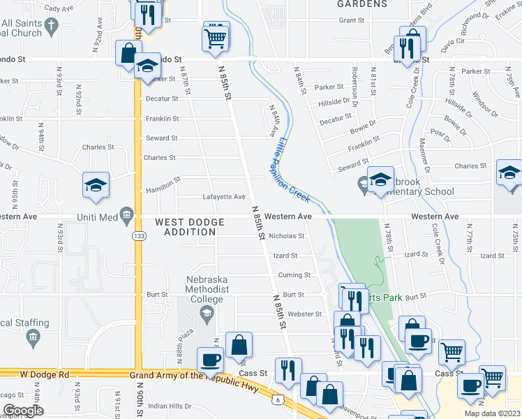map of restaurants, bars, coffee shops, grocery stores, and more near 1205 North 85th Street in Omaha