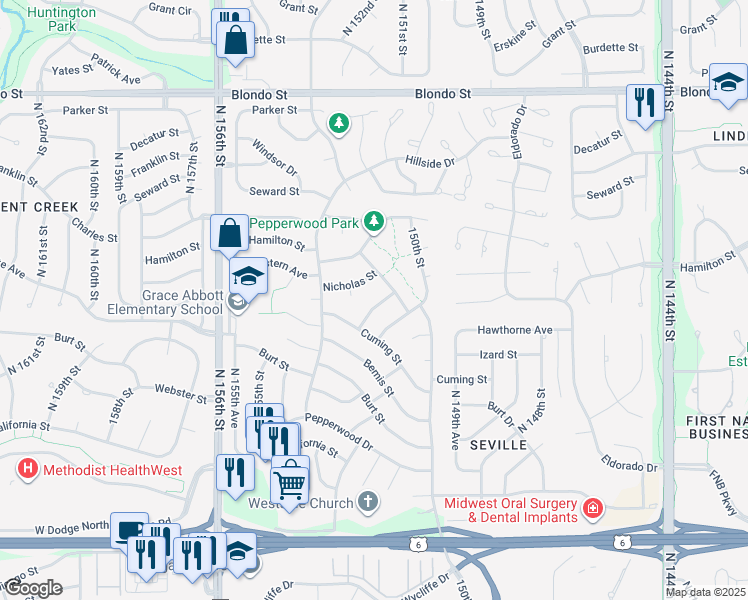 map of restaurants, bars, coffee shops, grocery stores, and more near 1130 North 153rd Avenue in Omaha