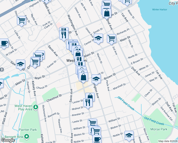 map of restaurants, bars, coffee shops, grocery stores, and more near 446 Washington Avenue in West Haven