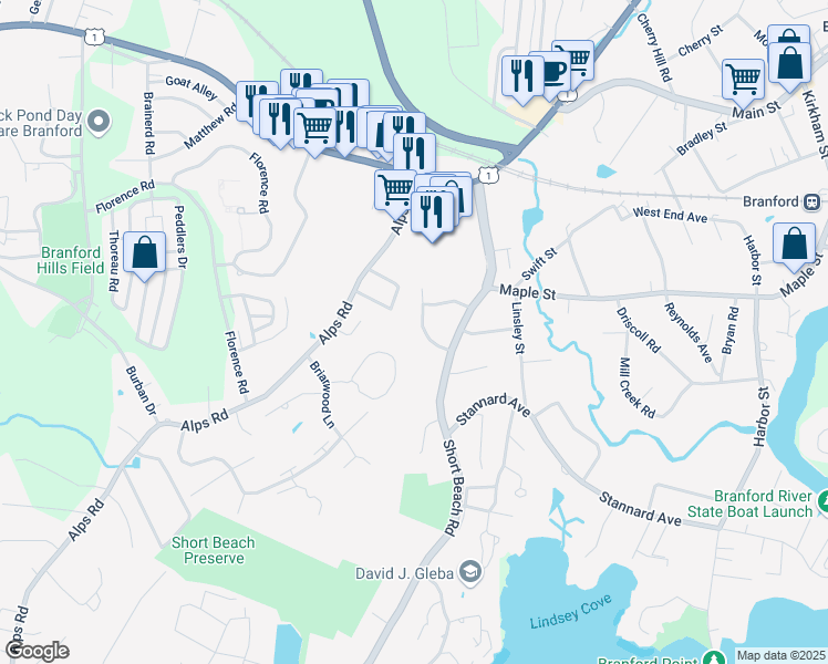 map of restaurants, bars, coffee shops, grocery stores, and more near 38 Kenwood Lane in Branford