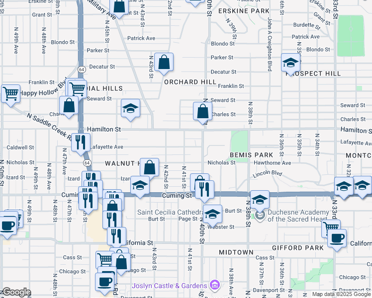 map of restaurants, bars, coffee shops, grocery stores, and more near 4031 Lafayette Avenue in Omaha