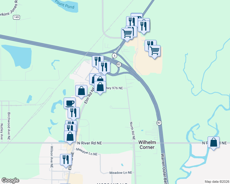 map of restaurants, bars, coffee shops, grocery stores, and more near 2610 Township Highway 976 Northeast in Warren
