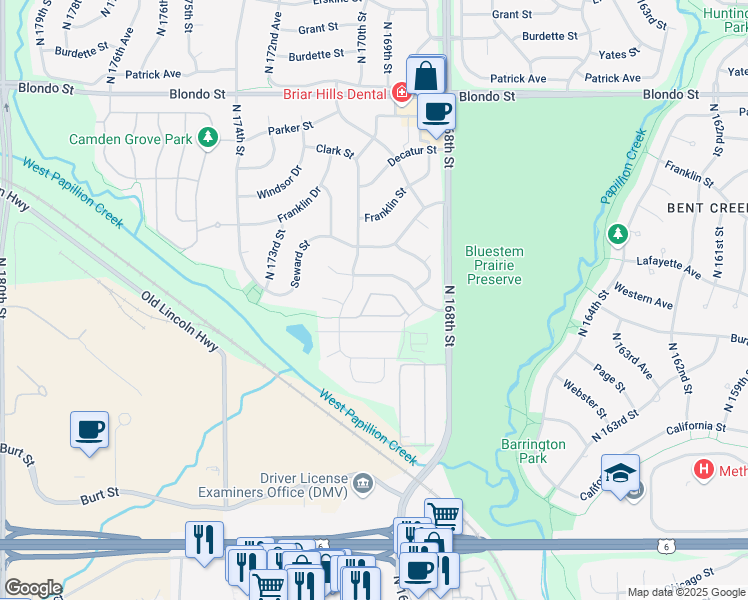 map of restaurants, bars, coffee shops, grocery stores, and more near 17011 Hawthorne Court in Omaha