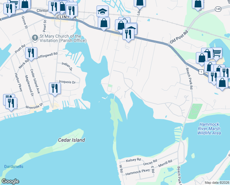map of restaurants, bars, coffee shops, grocery stores, and more near 98 Waterside Lane in Clinton