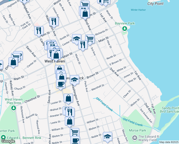 map of restaurants, bars, coffee shops, grocery stores, and more near 80 Union Avenue in West Haven