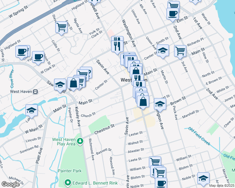 map of restaurants, bars, coffee shops, grocery stores, and more near 426 Main Street in West Haven