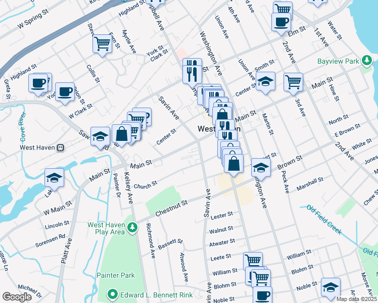 map of restaurants, bars, coffee shops, grocery stores, and more near 426 Main Street in West Haven