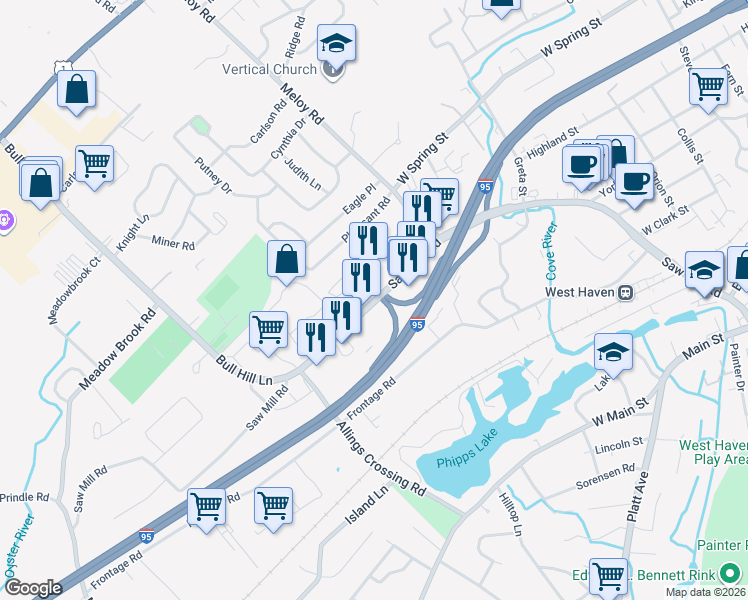 map of restaurants, bars, coffee shops, grocery stores, and more near 465 Connecticut 162 in West Haven