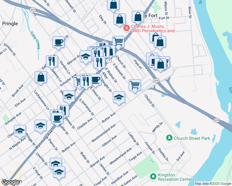 map of restaurants, bars, coffee shops, grocery stores, and more near 139 East Walnut Street in Kingston
