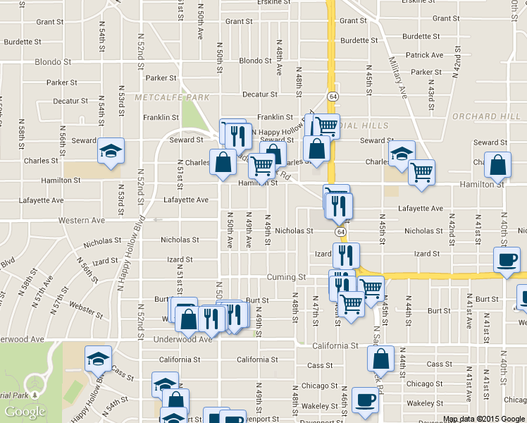 map of restaurants, bars, coffee shops, grocery stores, and more near 1205 North 49th Avenue in Omaha