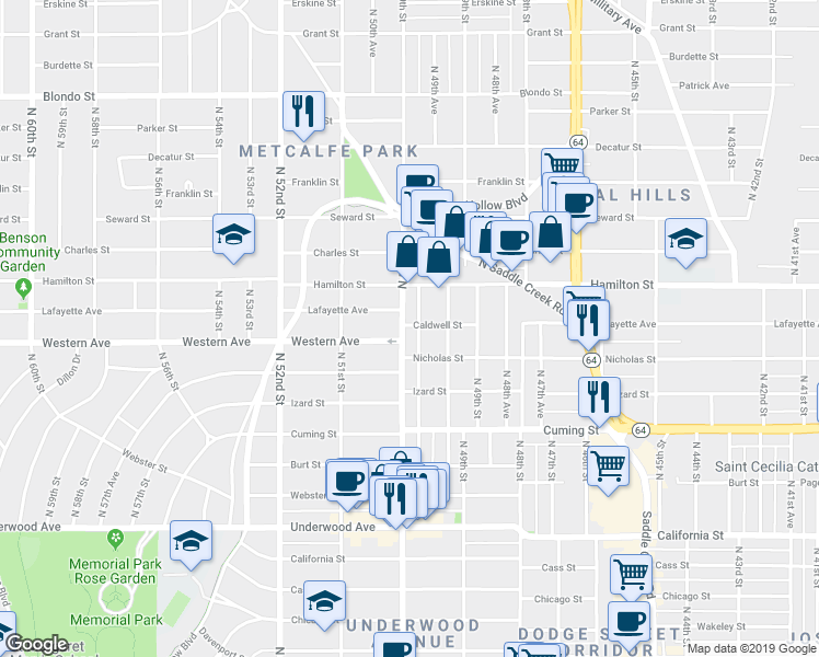 map of restaurants, bars, coffee shops, grocery stores, and more near 1111 North 50th Avenue in Omaha