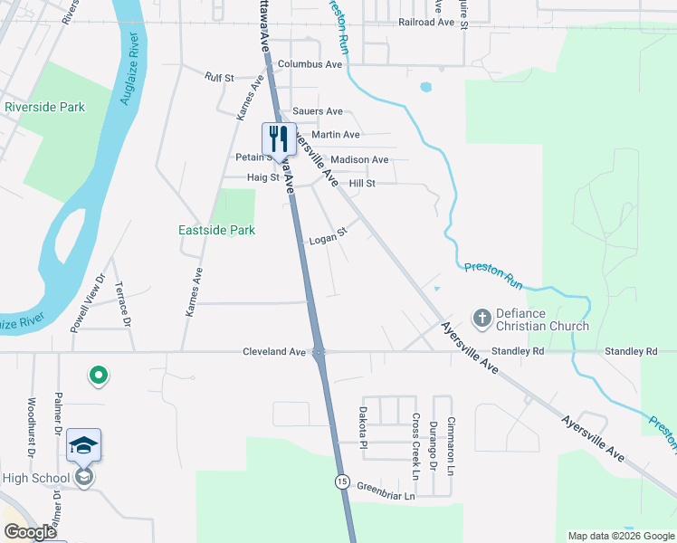 map of restaurants, bars, coffee shops, grocery stores, and more near 1261 Myrna Street in Defiance